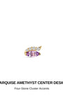 Marquise amethyst center cluster design KOSINER 14K solid gold cartilage stud, central marquise-cut purple amethyst decorated with 4 round clear cz accents, delicate curved gold setting, push-in flat back structure