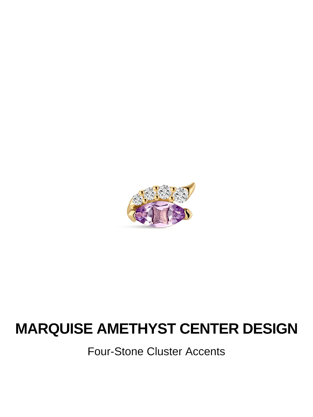 Marquise amethyst center cluster design KOSINER 14K solid gold cartilage stud, central marquise-cut purple amethyst decorated with 4 round clear cz accents, delicate curved gold setting, push-in flat back structure