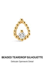 KOSINER Perléa Delicate Hollow Pear Flat Back Stud front view, open teardrop silhouette constructed from polished rounded gold beads, central round brilliant-cut clear cubic zirconia stone, polished 14K solid gold finish, internally threaded hypoallergenic labret cartilage earring