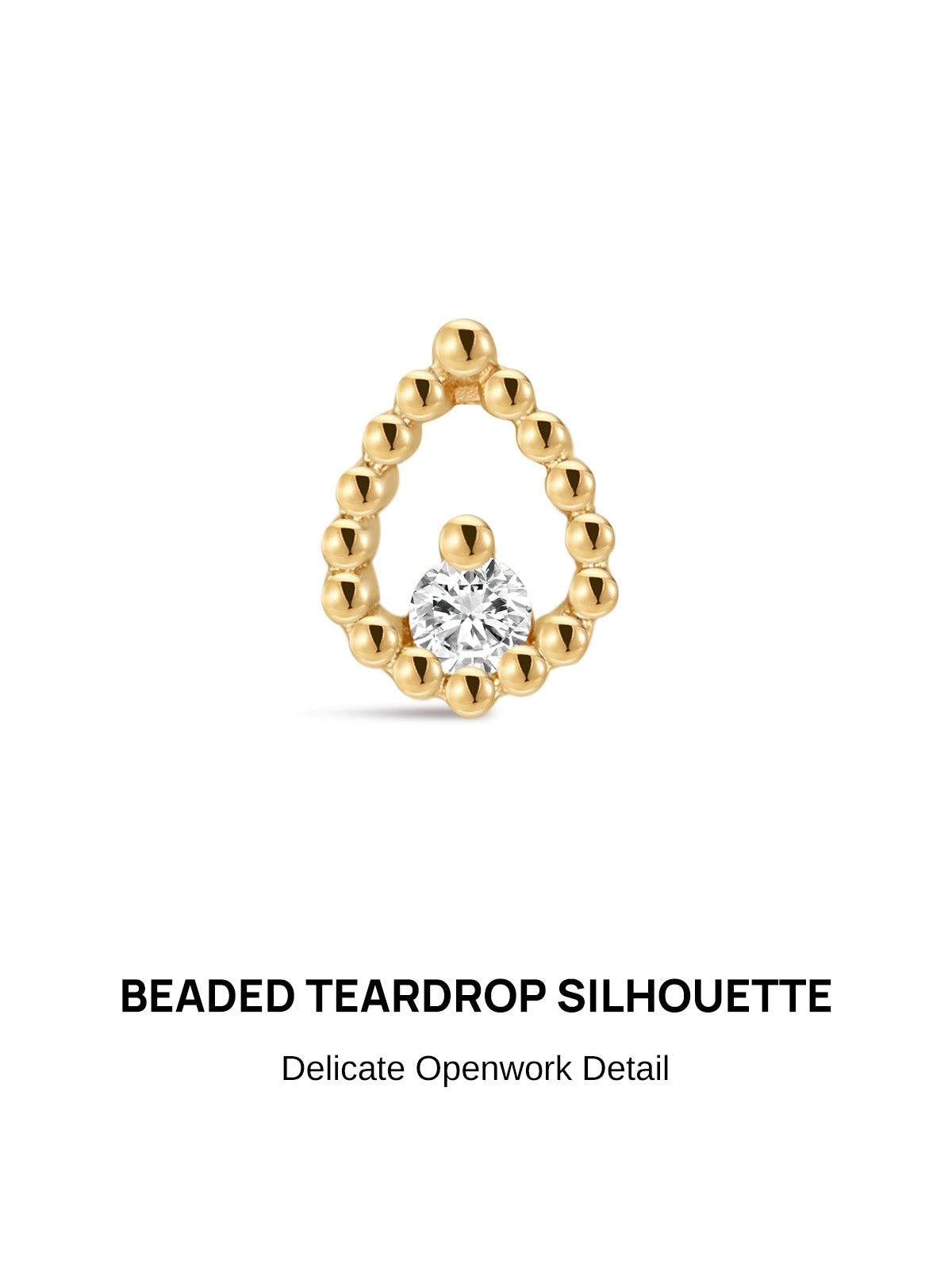KOSINER Perléa Delicate Hollow Pear Flat Back Stud front view, open teardrop silhouette constructed from polished rounded gold beads, central round brilliant-cut clear cubic zirconia stone, polished 14K solid gold finish, internally threaded hypoallergenic labret cartilage earring