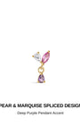 Pear & marquise spliced dangle design KOSINER 14K solid gold cartilage stud, top clear pear cz + pink marquise gem with detachable deep purple teardrop pendant, push-in flat back structure