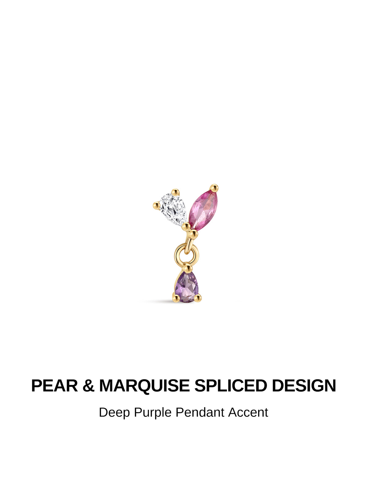 Pear & marquise spliced dangle design KOSINER 14K solid gold cartilage stud, top clear pear cz + pink marquise gem with detachable deep purple teardrop pendant, push-in flat back structure