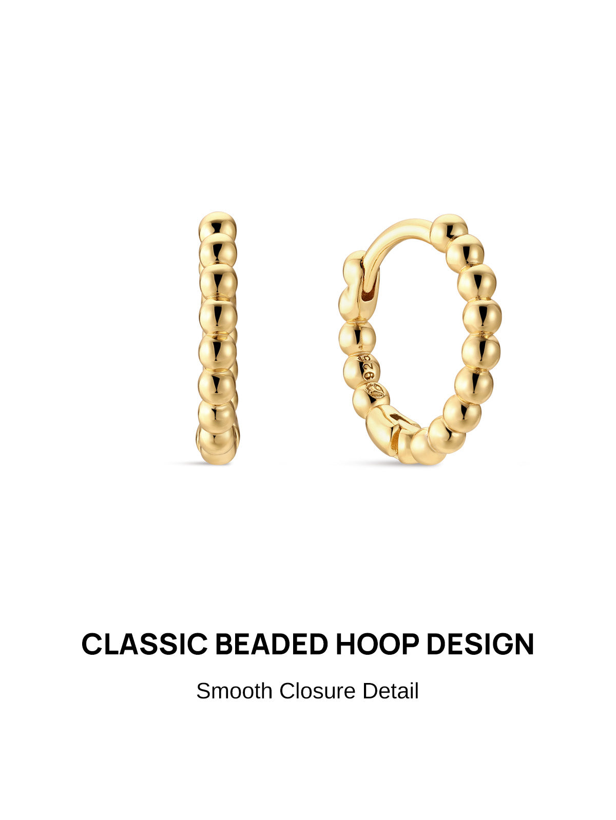 KOSINER Perléa Classic Beaded Hoop earring pair front view, continuous smooth polished spherical bead huggie hoop construction, gold-plated finish over premium 925 sterling silver base, sleek seamless hinged snap closure structure for easy insertion