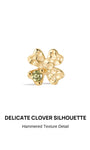 KOSINER Hand Hammered 14K Solid Gold Clover Flat Back Stud front view, four-leaf clover silhouette with organic dimpled hand-hammered texture, prong-set round olive green gemstone center, polished 14K solid gold internally threaded cartilage piercing earring