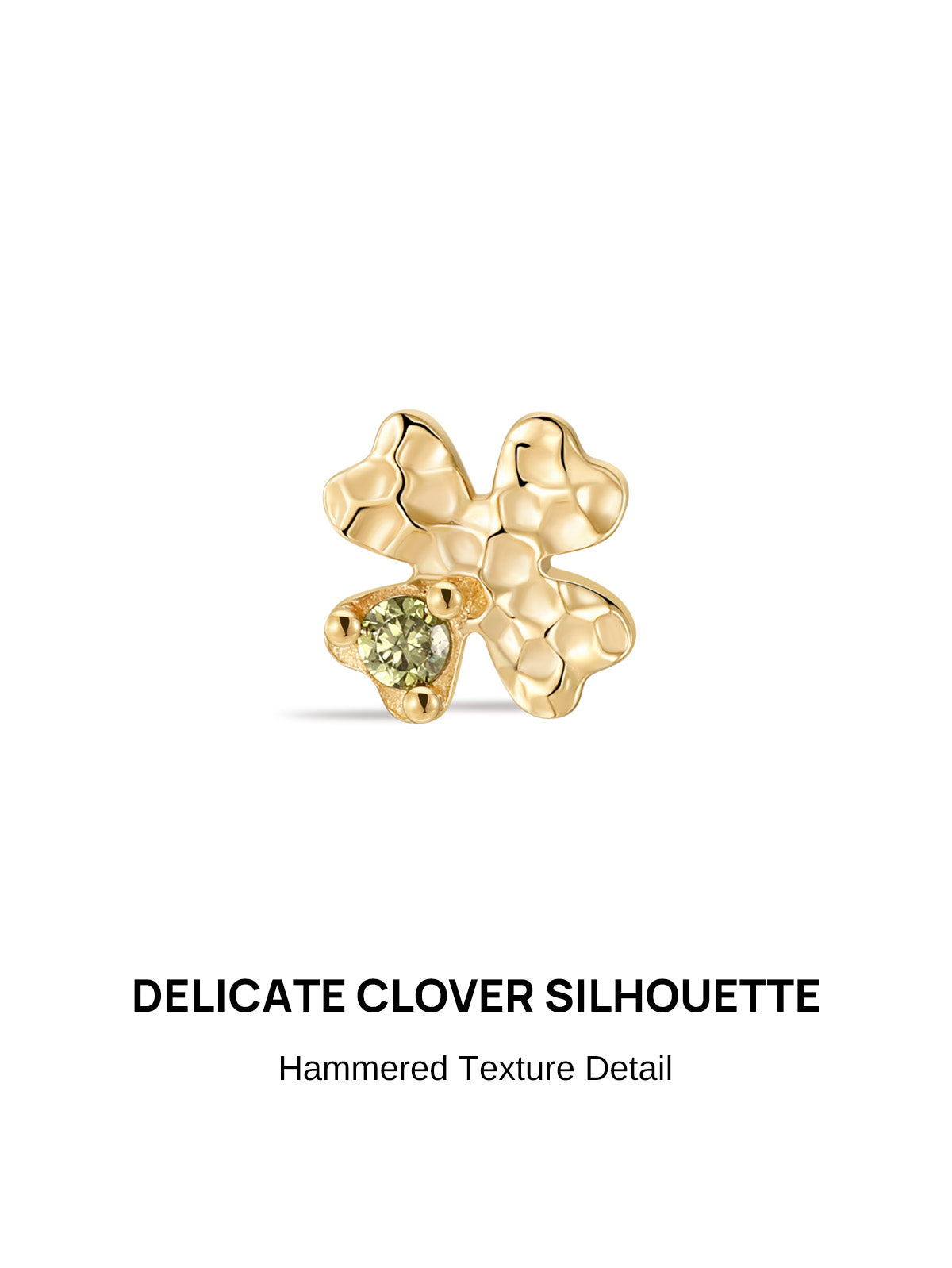 KOSINER Hand Hammered 14K Solid Gold Clover Flat Back Stud front view, four-leaf clover silhouette with organic dimpled hand-hammered texture, prong-set round olive green gemstone center, polished 14K solid gold internally threaded cartilage piercing earring