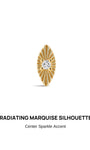 KOSINER Étoile Elegant Marquise Flat Back Stud front view, radiant sunburst textured marquise silhouette, four-prong set central round clear CZ stone, 14K solid gold sophisticated dainty piercing jewelry