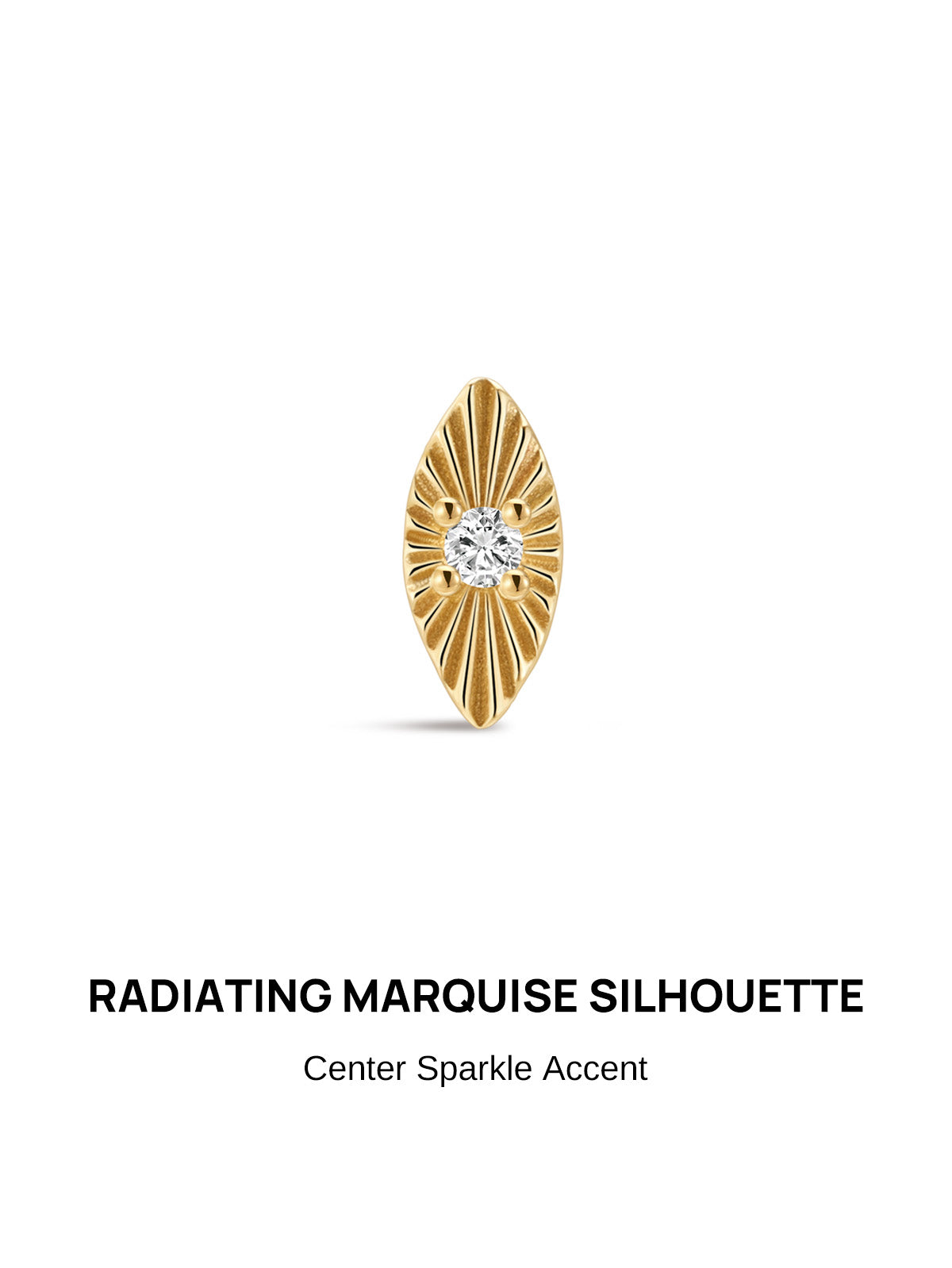 KOSINER Étoile Elegant Marquise Flat Back Stud front view, radiant sunburst textured marquise silhouette, four-prong set central round clear CZ stone, 14K solid gold sophisticated dainty piercing jewelry