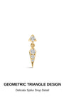 KOSINER Prism 14K solid gold sparkle rivet spike dangle flat back stud, angled baguette cubic zirconia bar with round accent stone, dangling pointed spike charm set with single round cz, internally threaded hypoallergenic helix piercing stud