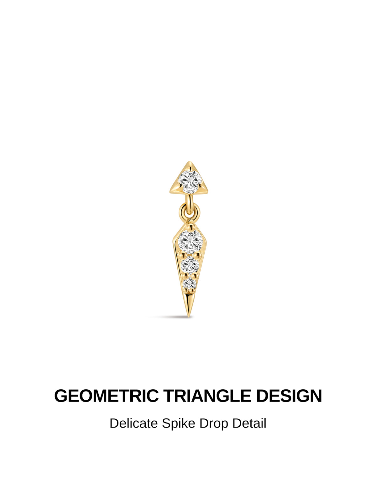 KOSINER Prism 14K solid gold sparkle rivet spike dangle flat back stud, angled baguette cubic zirconia bar with round accent stone, dangling pointed spike charm set with single round cz, internally threaded hypoallergenic helix piercing stud