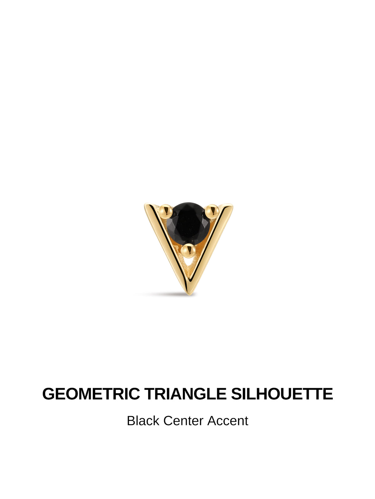 KOSINER Puzzle geometric rhombus silhouette graphic, polished 14K solid gold prong setting, split dual triangle design with upper black cubic zirconia and lower clear cubic zirconia, minimalist two-tone contrast internally threaded flat back piercing stud