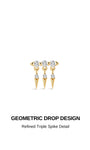 KOSINER Prism geometric triple rivet flat back stud crafted from 14K solid gold, three parallel round CZ top settings with dangling pointed spike pendants, internally threaded hypoallergenic piercing earring for lobe and helix placements