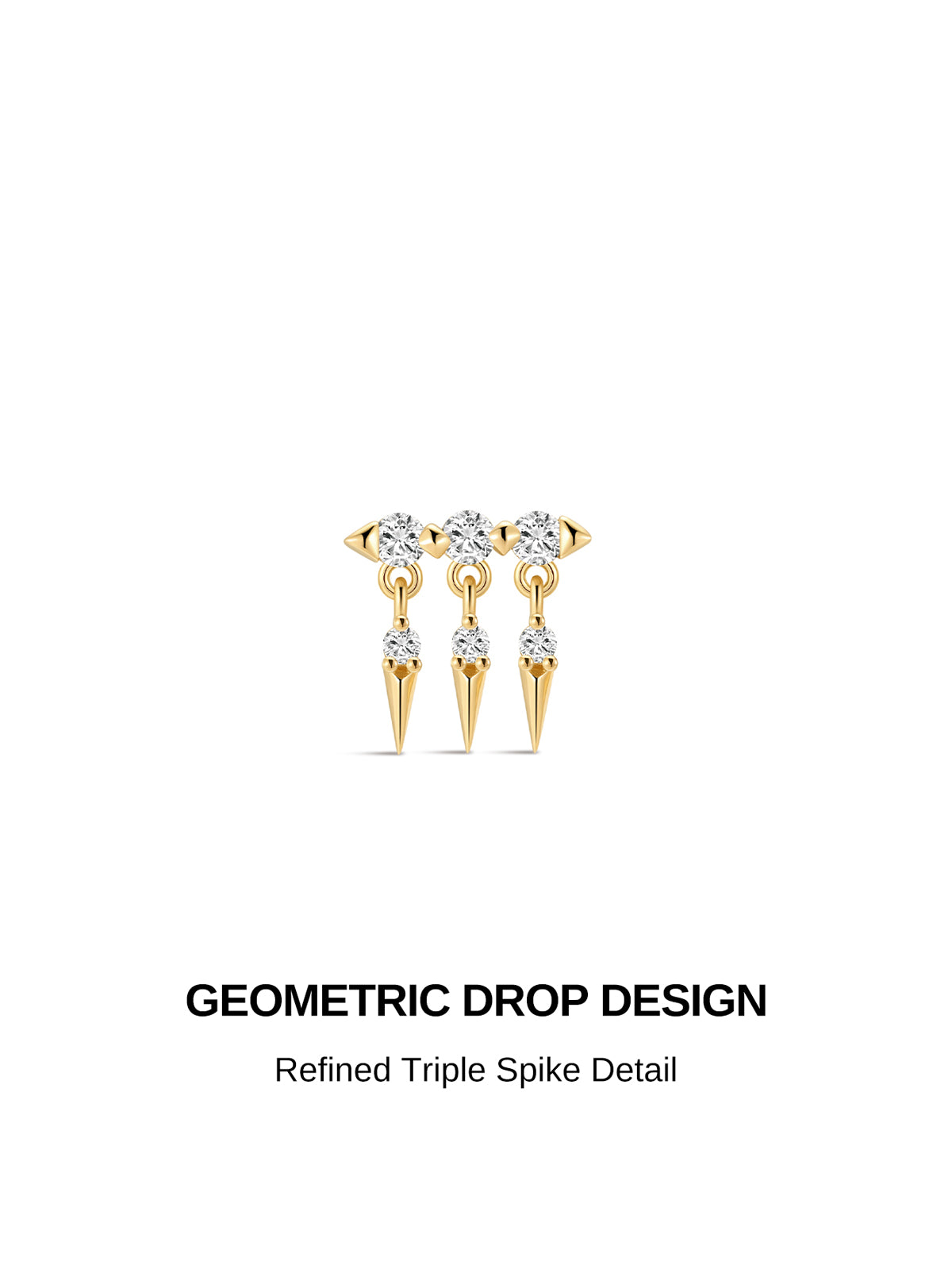 KOSINER Prism geometric triple rivet flat back stud crafted from 14K solid gold, three parallel round CZ top settings with dangling pointed spike pendants, internally threaded hypoallergenic piercing earring for lobe and helix placements