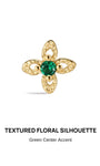 KOSINER Hand Hammered 14K Solid Gold Four-Petal Flower Flat Back Stud front view, hollow four-petal flower silhouette with hand hammered dimpled texture on each petal, central round green gemstone secured by four bead prongs, polished 14K solid gold internally threaded hypoallergenic cartilage piercing earring