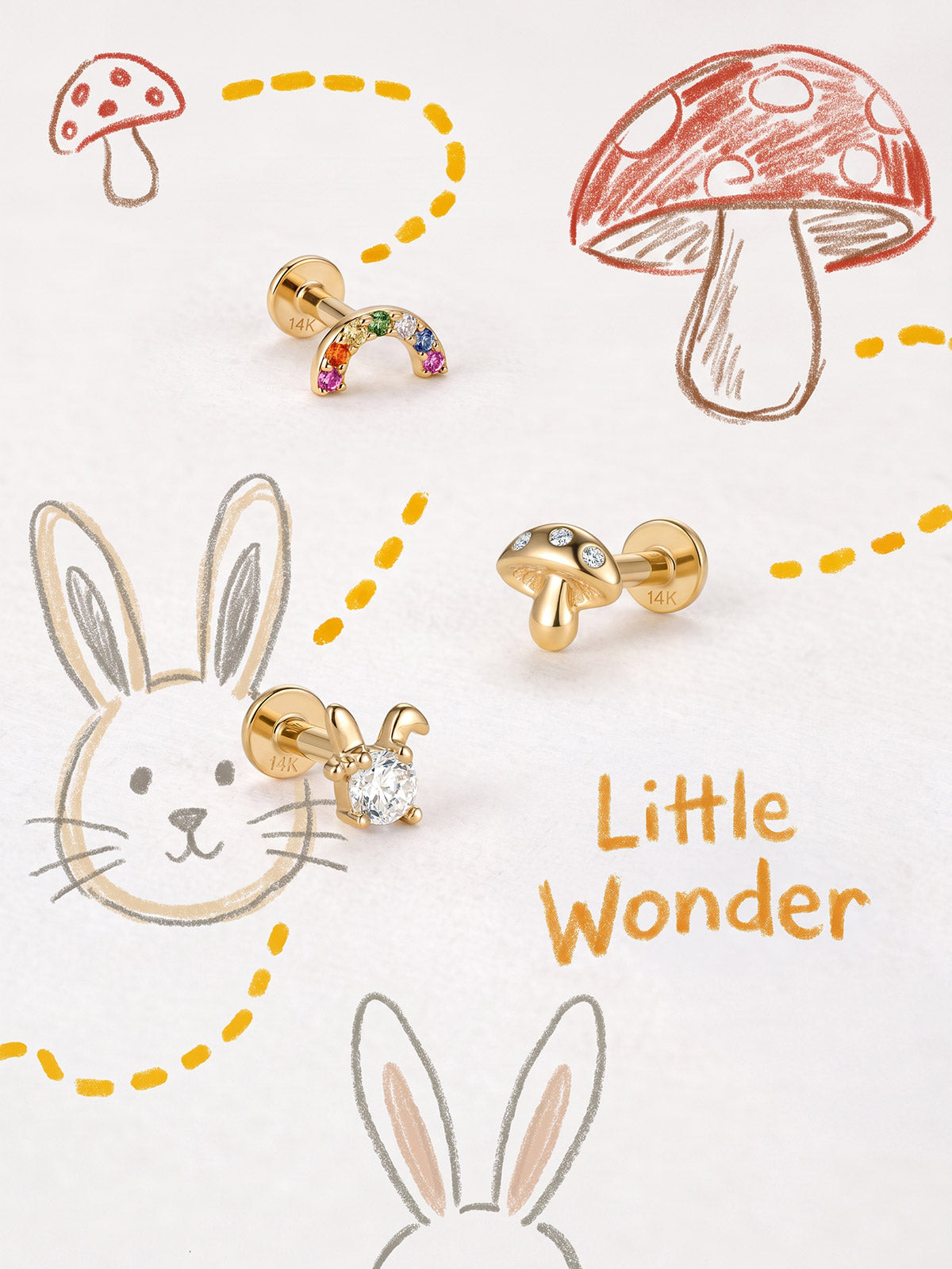 Little Wonder 14K gold rabbit, mushroom and rainbow flat back stud collection