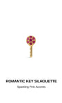 KOSINER Pink Ritual Romantic Key flat back stud, delicate key shape adorned with dense sparkling pink stone accents, elegant internally threaded piercing earring for sweet ear stacking layouts