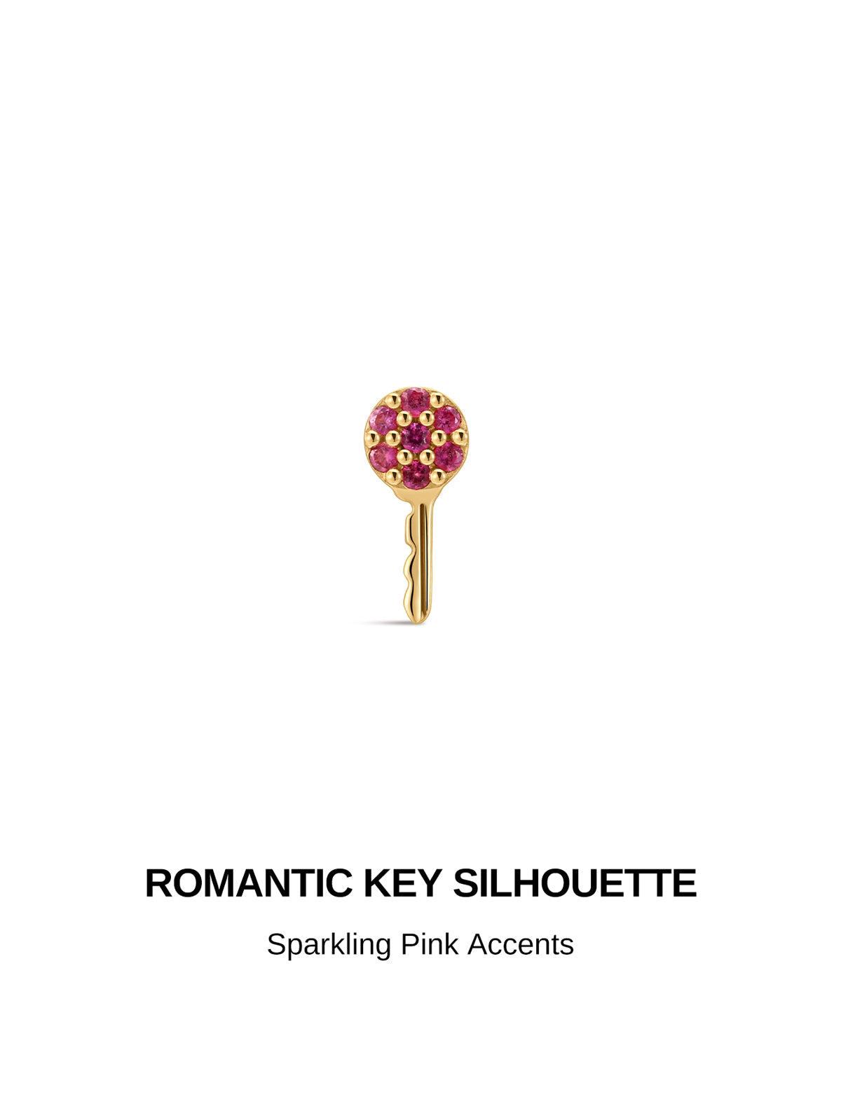 KOSINER Pink Ritual Romantic Key flat back stud, delicate key shape adorned with dense sparkling pink stone accents, elegant internally threaded piercing earring for sweet ear stacking layouts