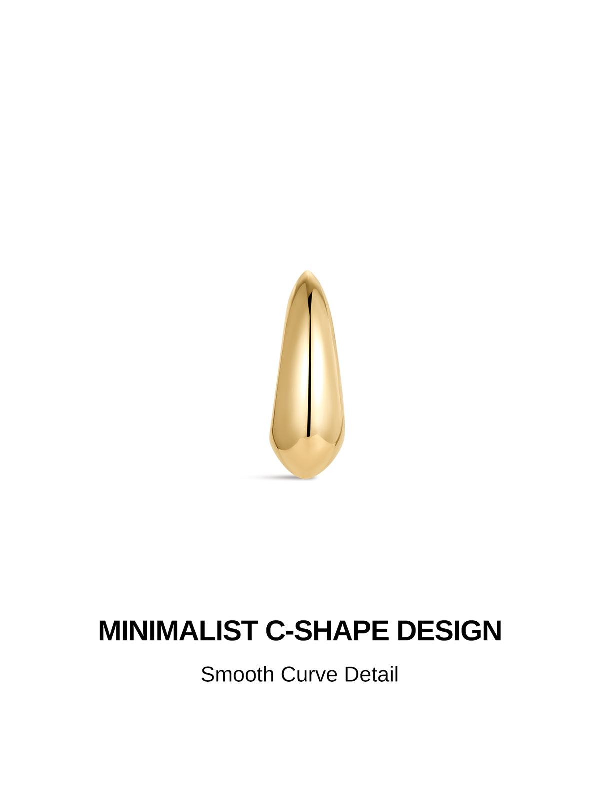 Product detail graphic of polished teardrop curved front piece, headline text MINIMALIST C-SHAPE DESIGN, subtext Smooth Curve Detail highlighting sleek rounded sculpted finish