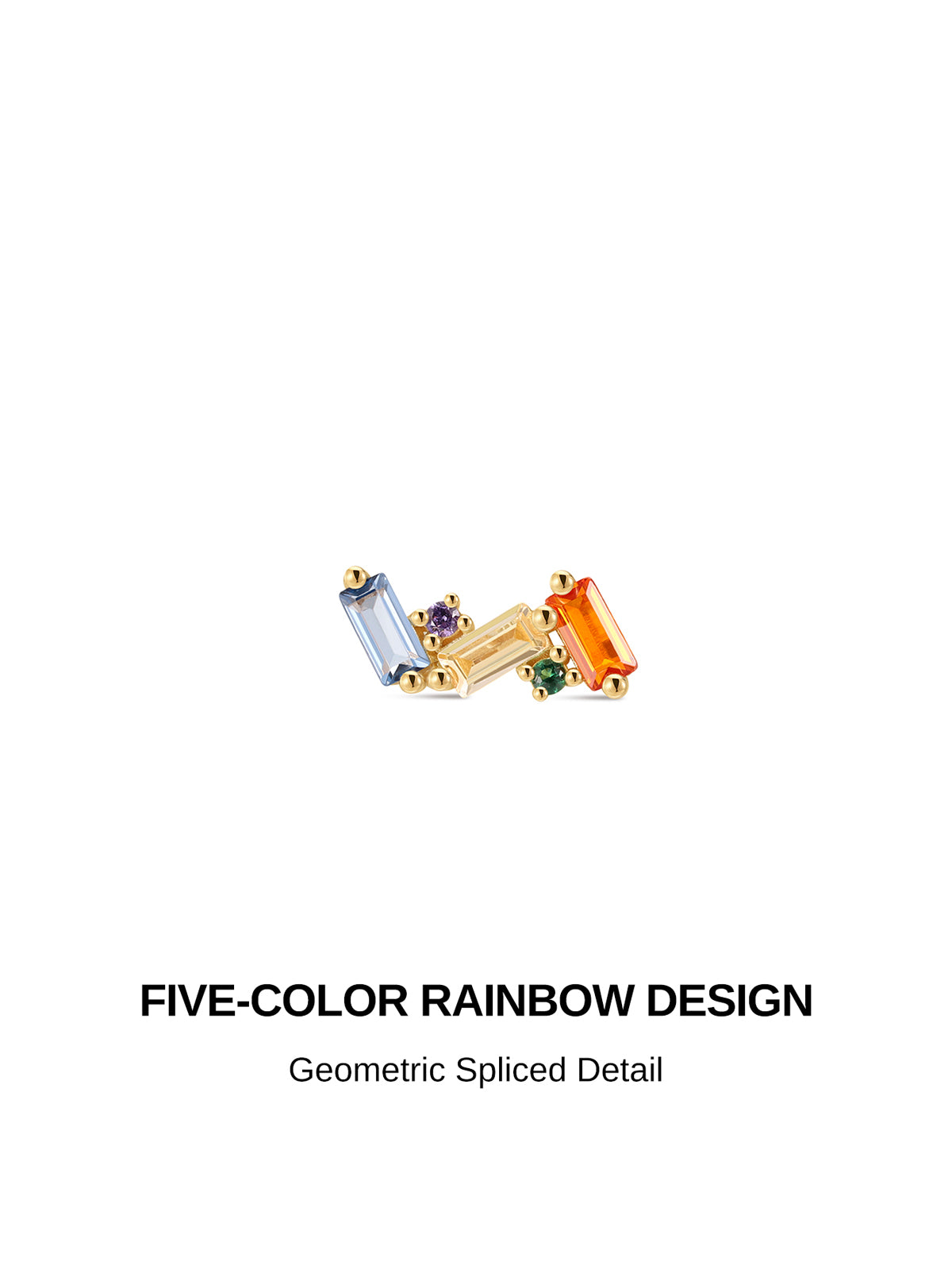 Five-color rainbow geometric spliced KOSINER 14K solid gold flat back stud, baguette cut multi-color cz cluster delicate cartilage earring