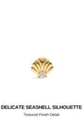 KOSINER Seaspritz delicate seashell silhouette graphic, textured detailed 14K solid gold shell design with prong-set clear accent cubic zirconia at bottom, ocean-inspired internally threaded flat back cartilage piercing stud