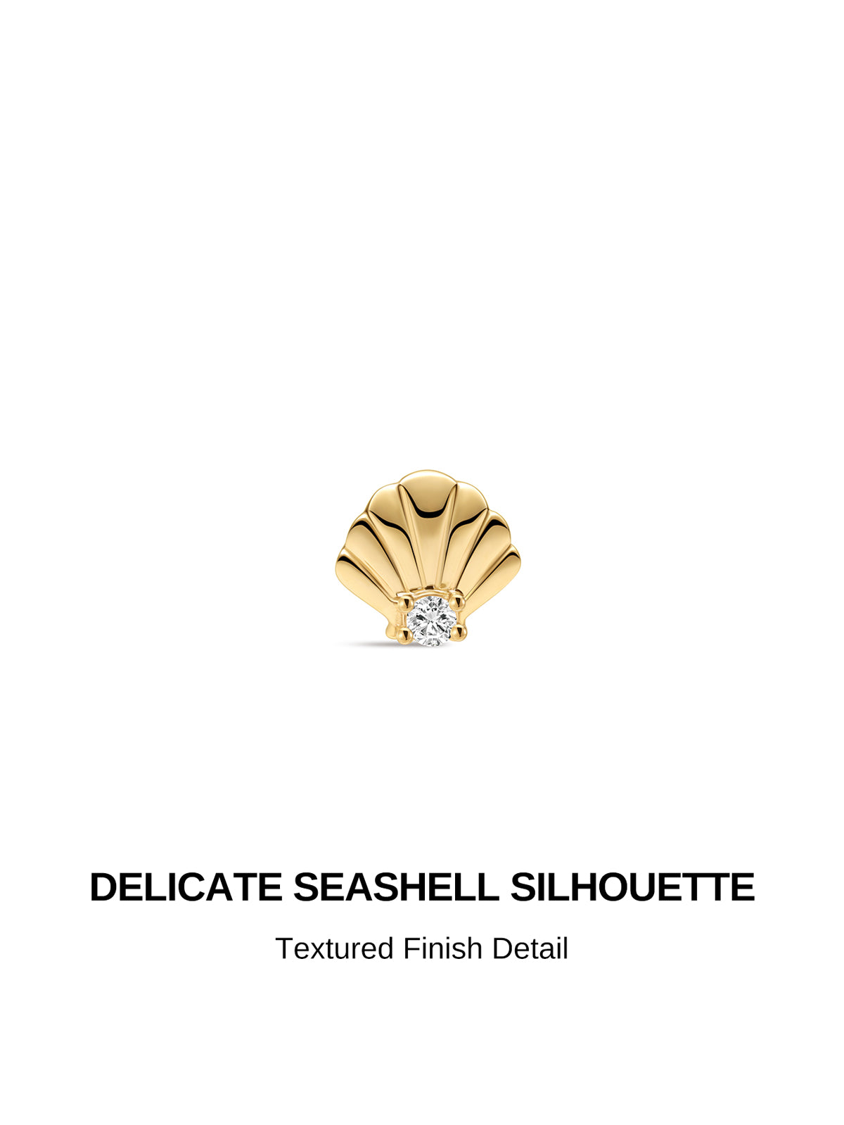 KOSINER Seaspritz delicate seashell silhouette graphic, textured detailed 14K solid gold shell design with prong-set clear accent cubic zirconia at bottom, ocean-inspired internally threaded flat back cartilage piercing stud