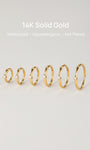 Studio lineup of all six sizes of KOSINER 14K solid gold diamond clicker hoops, header text: 14K Solid Gold, Waterproof, Hypoallergenic, Not Plated premium piercing jewelry