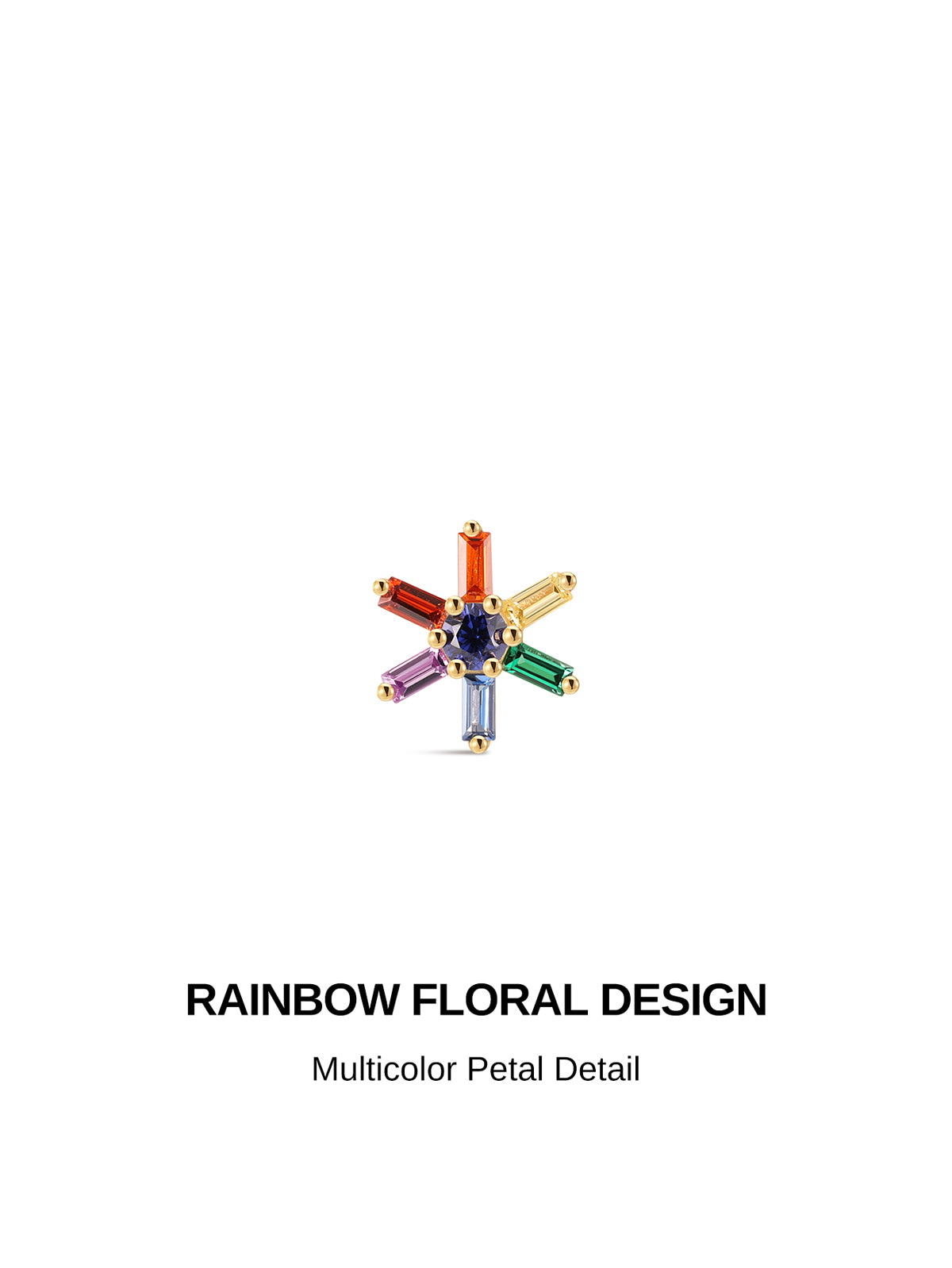 Rainbow floral blooming starburst design KOSINER 14K solid gold flat back stud, multi-color baguette cut cz petal delicate cartilage piercing detail