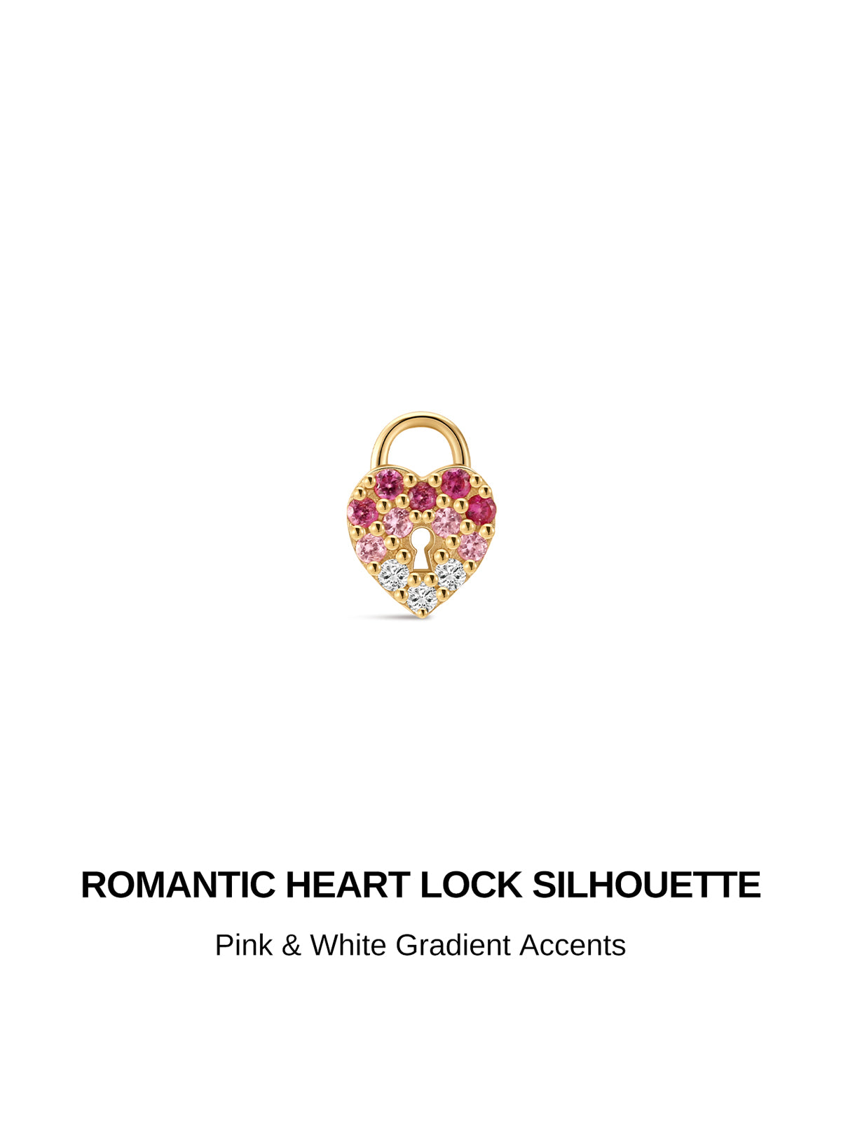KOSINER Pink Ritual Romantic Heart Lock flat back stud, intricate heart lock shape with pink-white gradient stone inlay, delicate internally threaded piercing earring for sweet ear stacking layouts