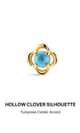 KOSINER Étoile Minimalist Clover Flat Back Stud front close-up, hollow four-leaf clover silhouette with glossy gold finish, smooth round turquoise center accent, 14K solid gold elegant piercing jewelry