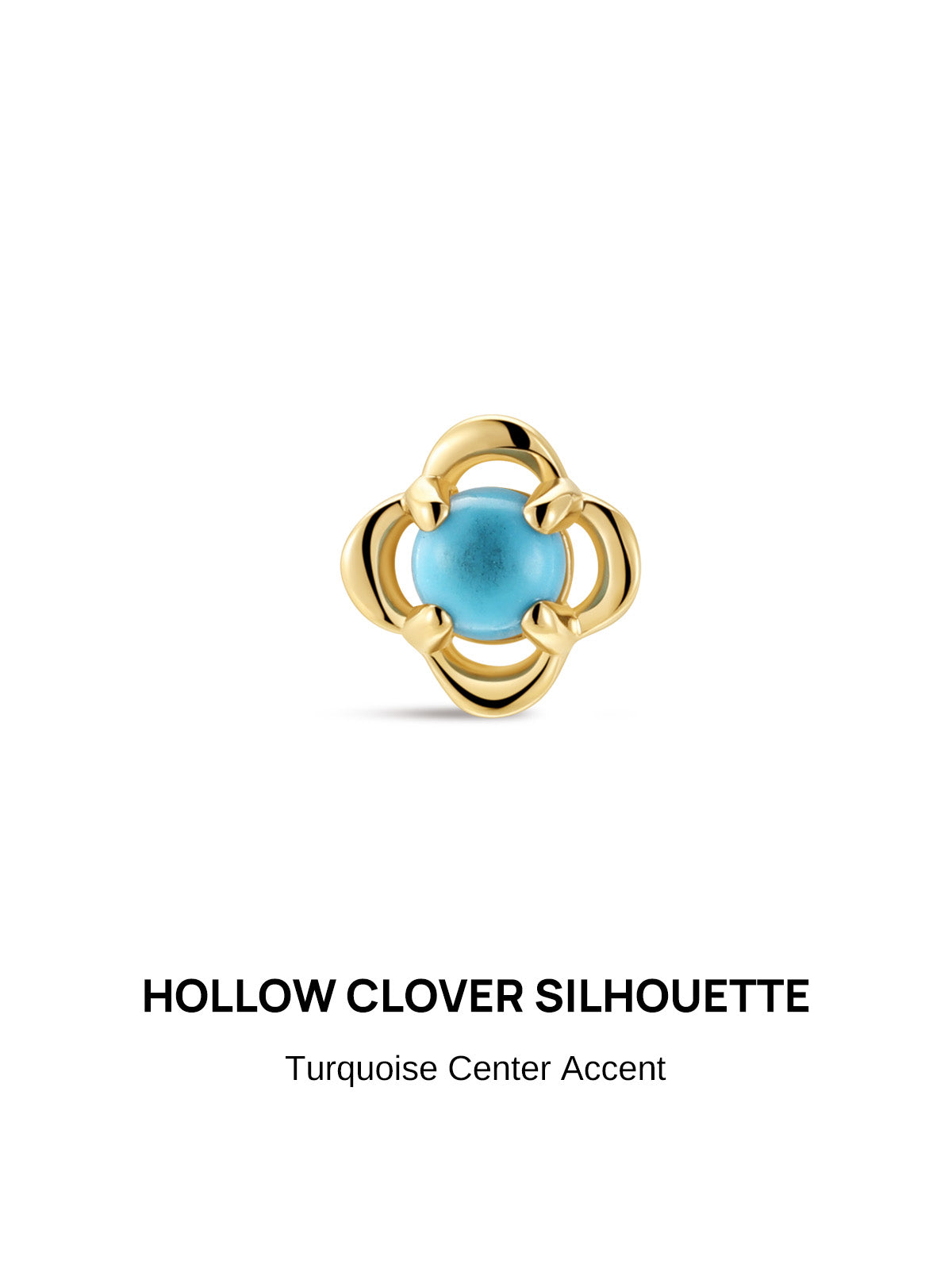 KOSINER Étoile Minimalist Clover Flat Back Stud front close-up, hollow four-leaf clover silhouette with glossy gold finish, smooth round turquoise center accent, 14K solid gold elegant piercing jewelry