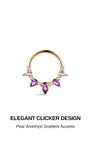 Elegant clicker hoop design KOSINER 14K solid gold daith cartilage ring, symmetrical gradient pear-cut amethyst stones paired with round clear cz accents, sturdy seamless click hinge, polished solid gold band