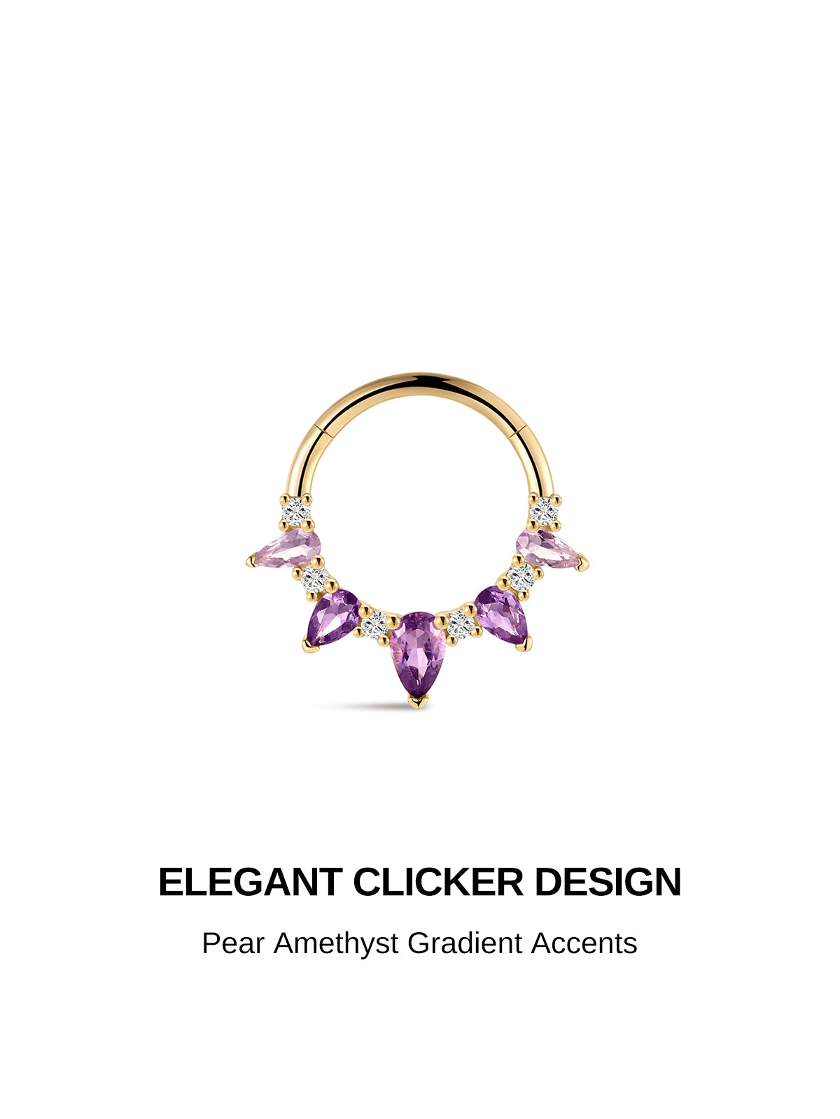 Elegant clicker hoop design KOSINER 14K solid gold daith cartilage ring, symmetrical gradient pear-cut amethyst stones paired with round clear cz accents, sturdy seamless click hinge, polished solid gold band
