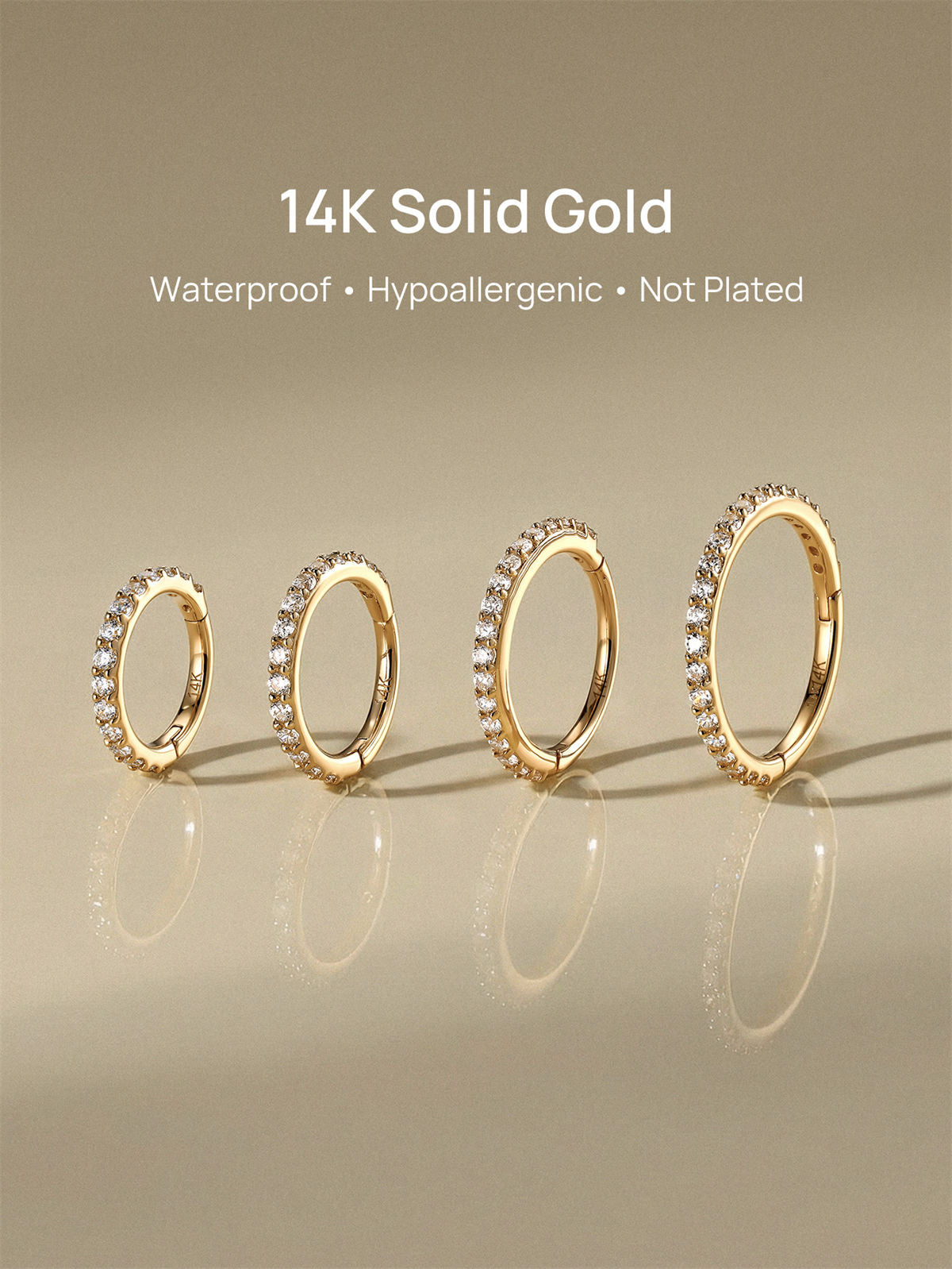 KOSINER 14K Solid Gold Elegant Pave Hoop, waterproof, tarnish-proof and hypoallergenic for sensitive ears