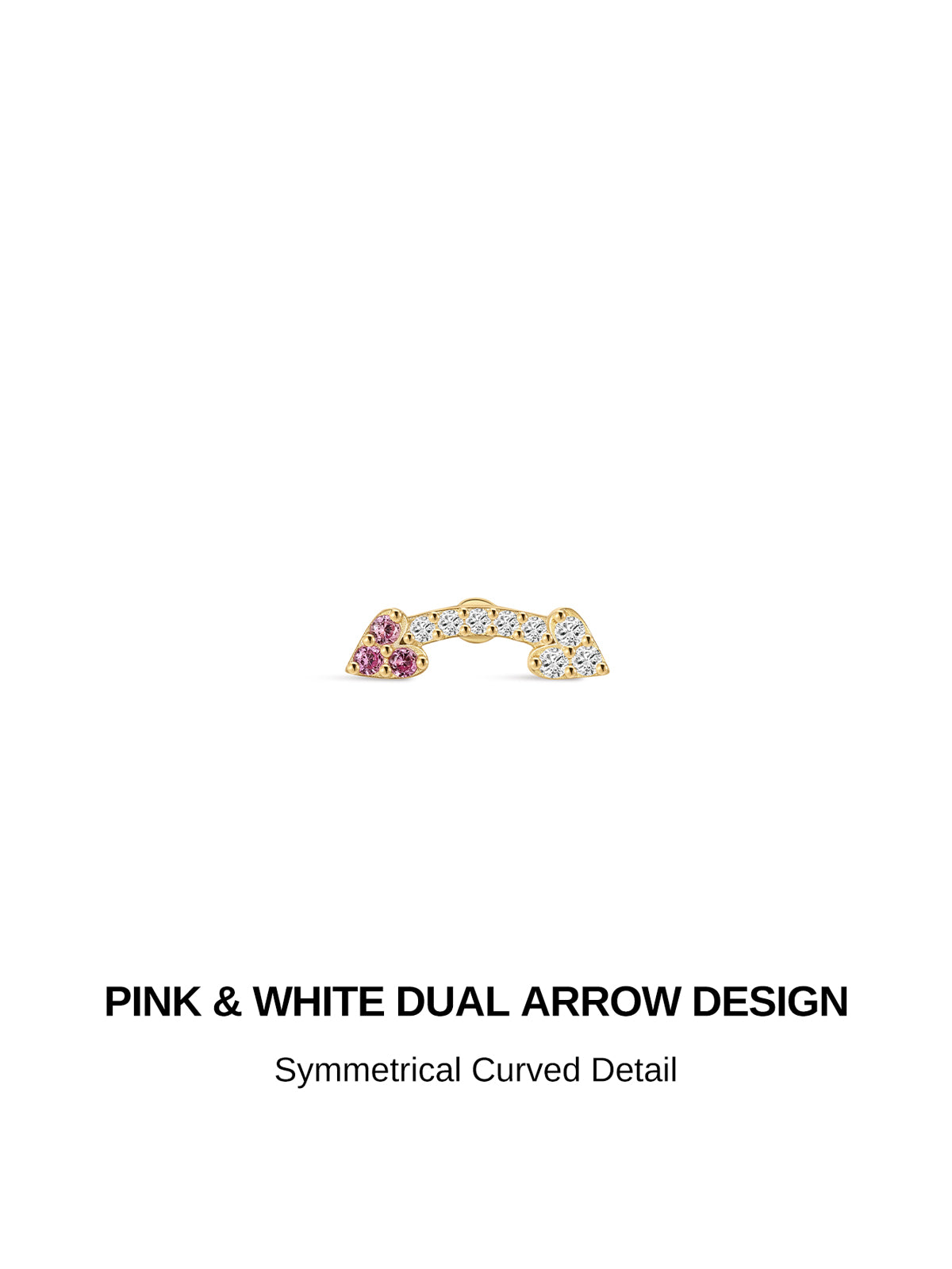 KOSINER Pink Ritual Pink & White Dual Arrow flat back stud, symmetrical curved design with two-tone pink and white crystal inlay, romantic internally threaded piercing earring for ear stacking