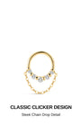 KOSINER Prism elegant chain pendant clicker hoop graphic crafted in 14K solid gold, seamless hinged clicker closure, five round pave cubic zirconia stones with dual dangling chain detail, sleek delicate cartilage daith piercing hoop design