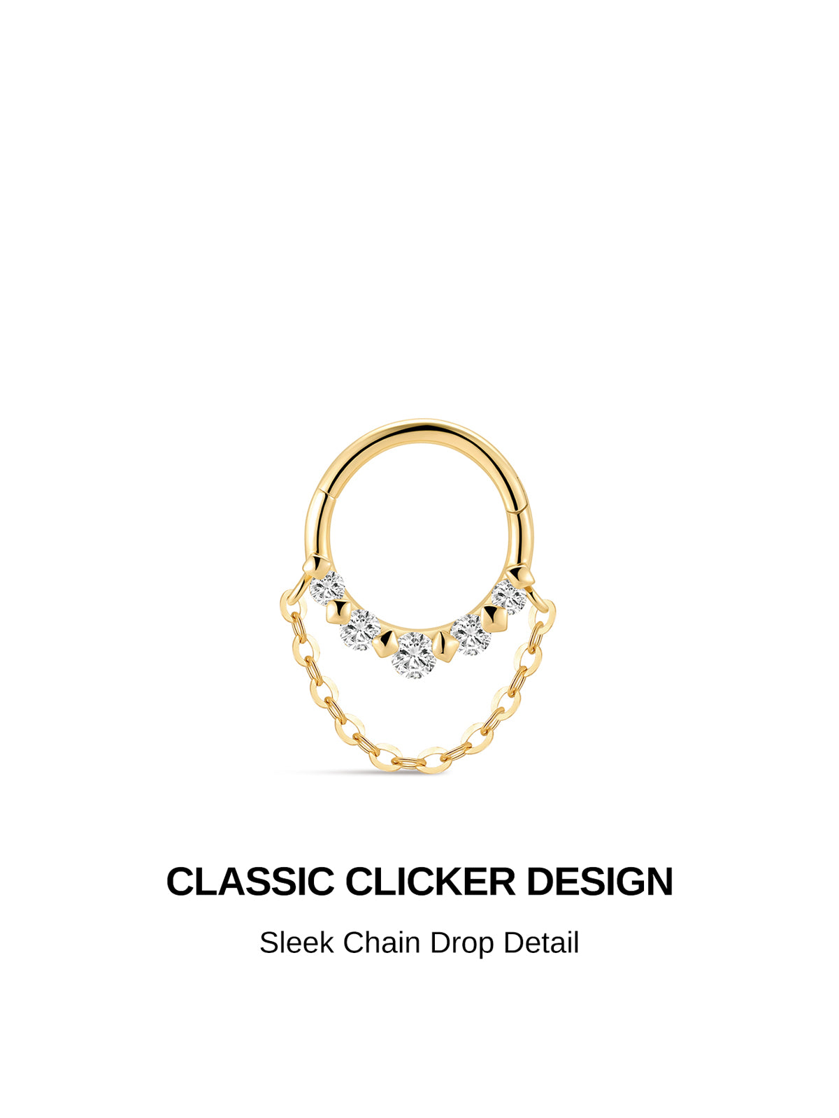 KOSINER Prism elegant chain pendant clicker hoop graphic crafted in 14K solid gold, seamless hinged clicker closure, five round pave cubic zirconia stones with dual dangling chain detail, sleek delicate cartilage daith piercing hoop design