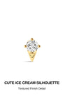 KOSINER Seaspritz cute ice cream silhouette graphic, textured 14K solid gold cone design with prong-set round brilliant clear cubic zirconia topping, summer dessert inspired internally threaded flat back cartilage piercing stud