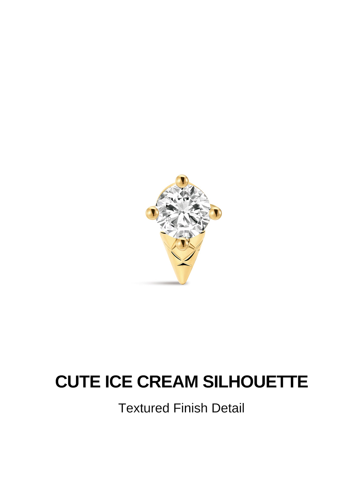 KOSINER Seaspritz cute ice cream silhouette graphic, textured 14K solid gold cone design with prong-set round brilliant clear cubic zirconia topping, summer dessert inspired internally threaded flat back cartilage piercing stud