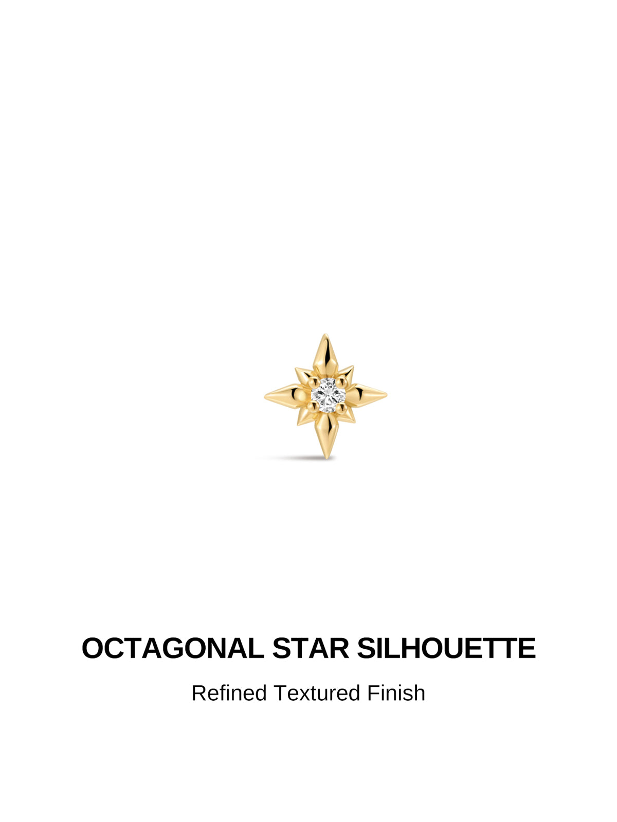 KOSINER Starlight Classic Octagonal Star Flat Back Stud front view, refined textured eight-point star silhouette with central round CZ accent, smooth polished solid 14K gold construction, sleek minimalist cartilage stud design
