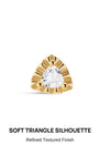 KOSINER Étoile Dainty Triangular Flat Back Stud close-up, soft rounded triangle silhouette with refined textured sunburst finish, prong-set trillion clear gemstone, 14K solid gold delicate cartilage piercing jewelry