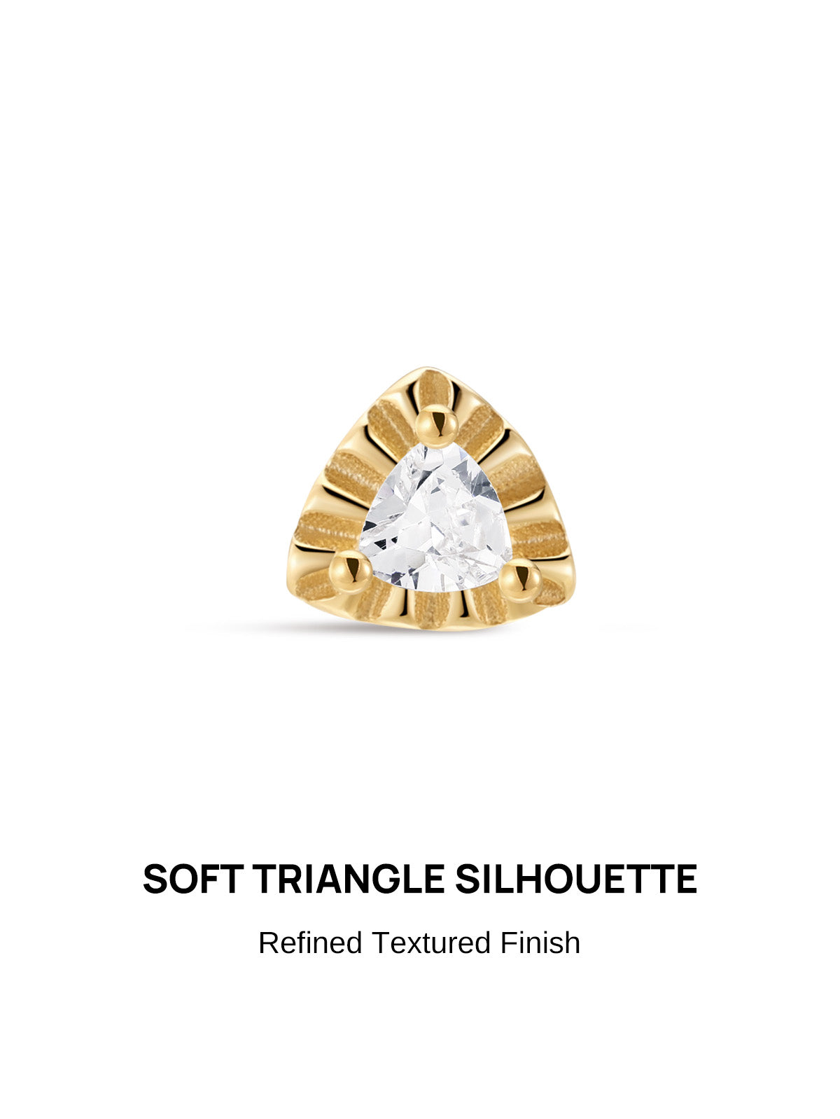 KOSINER Étoile Dainty Triangular Flat Back Stud close-up, soft rounded triangle silhouette with refined textured sunburst finish, prong-set trillion clear gemstone, 14K solid gold delicate cartilage piercing jewelry