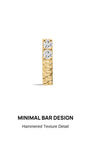 KOSINER Hand Hammered 14K Solid Gold Minimalist Bar Flat Back Stud front view, slim vertical bar silhouette with dimpled hand-hammered texture on lower half, two prong-set round clear cubic zirconia stones at top, polished 14K gold internally threaded cartilage piercing earring