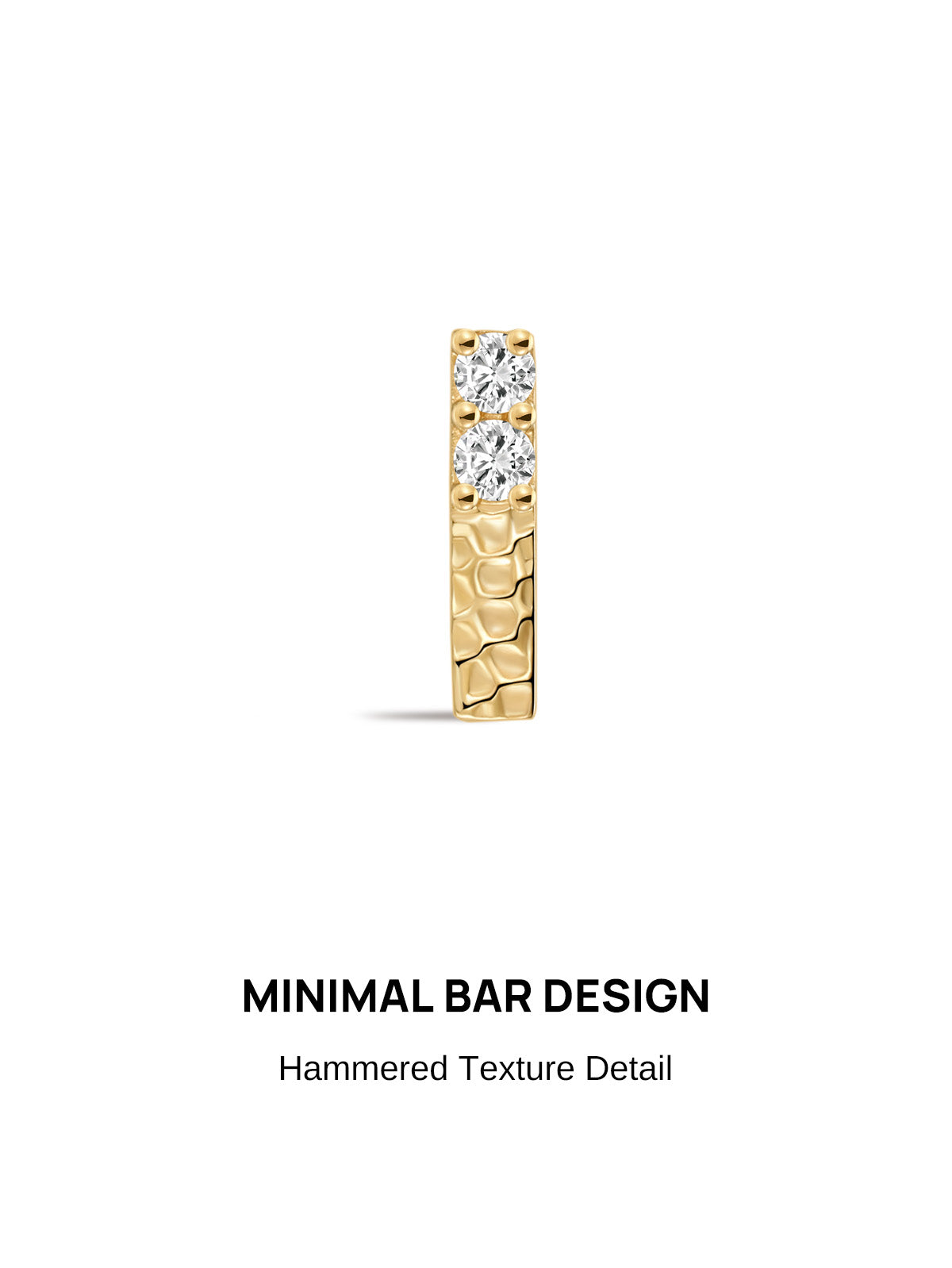 KOSINER Hand Hammered 14K Solid Gold Minimalist Bar Flat Back Stud front view, slim vertical bar silhouette with dimpled hand-hammered texture on lower half, two prong-set round clear cubic zirconia stones at top, polished 14K gold internally threaded cartilage piercing earring