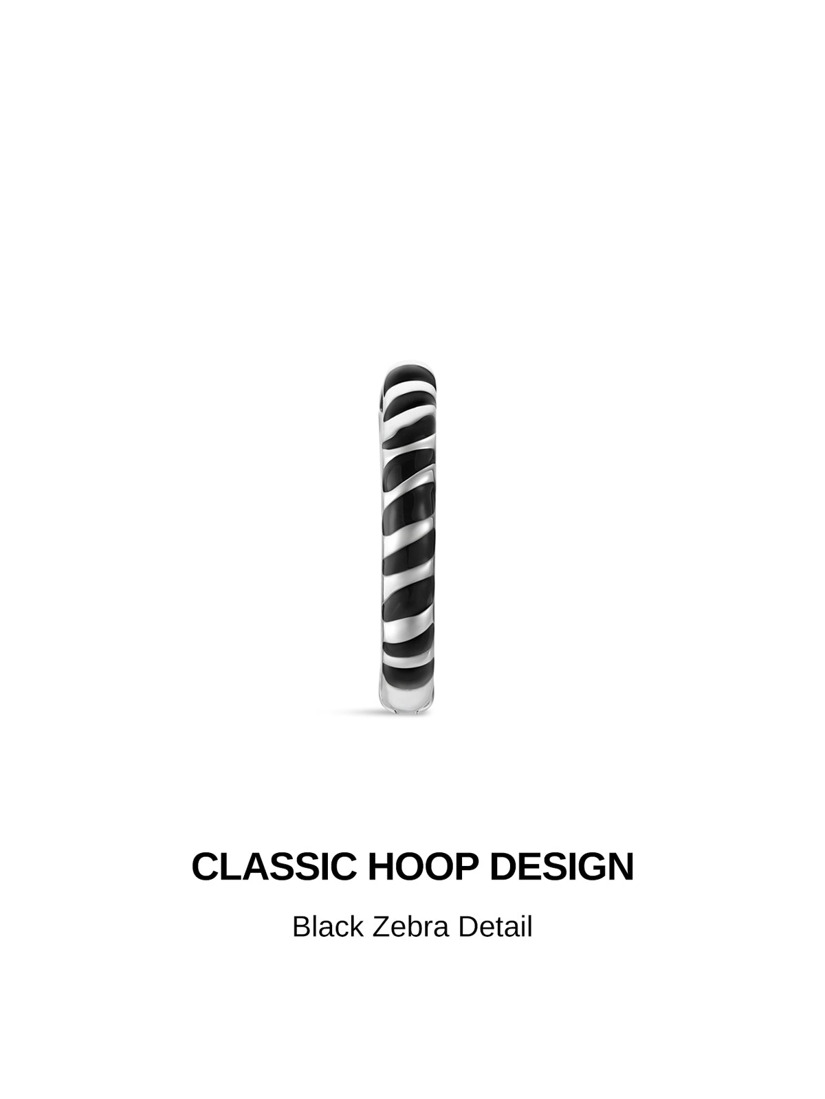 KOSINER Puzzle classic hoop design graphic, polished 925 sterling silver huggie hoop decorated with hand-filled black enamel zebra stripe pattern, trendy animal print small clicker hoop earring