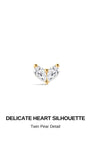 KOSINER Pear CZ Heart-Shaped 14K Solid Gold Flat Back Stud, Internal Thread Elegant Cartilage Piercing Earring