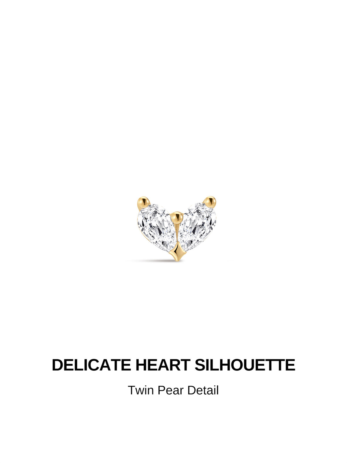 KOSINER Pear CZ Heart-Shaped 14K Solid Gold Flat Back Stud, Internal Thread Elegant Cartilage Piercing Earring