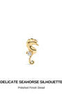 KOSINER Seaspritz delicate seahorse silhouette graphic, smooth polished 14K solid gold seahorse design with prong-set clear round cubic zirconia accent, ocean-inspired internally threaded flat back cartilage piercing stud