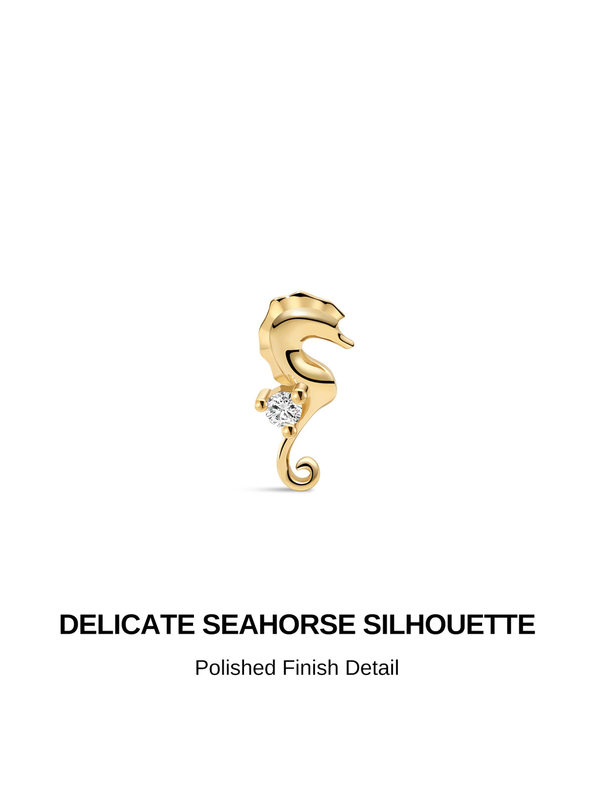 KOSINER Seaspritz delicate seahorse silhouette graphic, smooth polished 14K solid gold seahorse design with prong-set clear round cubic zirconia accent, ocean-inspired internally threaded flat back cartilage piercing stud