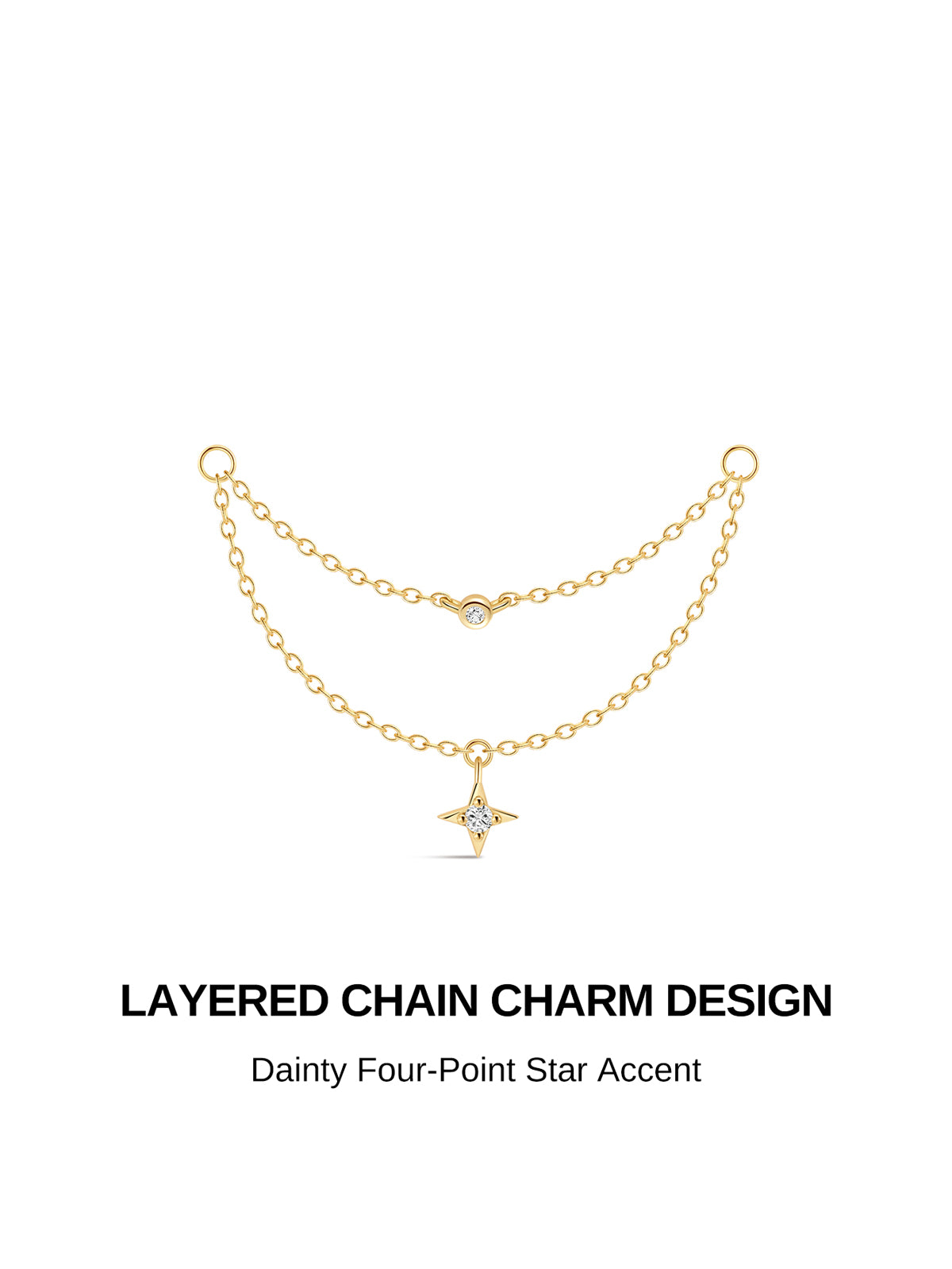 Étoile double-layer tassel chain front view, crafted in 18K gold vermeil, two delicate layered oval link chains, upper chain accented with a small bezel-set round clear cubic zirconia, lower chain finished with a dangling four-point star charm with central CZ stone, open loop ends designed to connect two piercings
