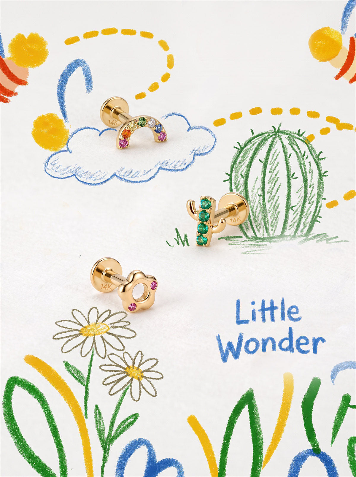 Little Wonder 14K gold rainbow, cactus and flower flat back stud collection