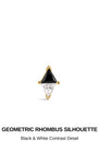 KOSINER Puzzle geometric rhombus silhouette graphic, polished 14K solid gold prong setting, split dual triangle design with upper black cubic zirconia and lower clear cubic zirconia, minimalist two-tone contrast internally threaded flat back piercing stud